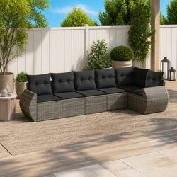 6 Piece Outdoor Garden Sofa Set Grey Poly Rattan Patio Furniture with Cushions