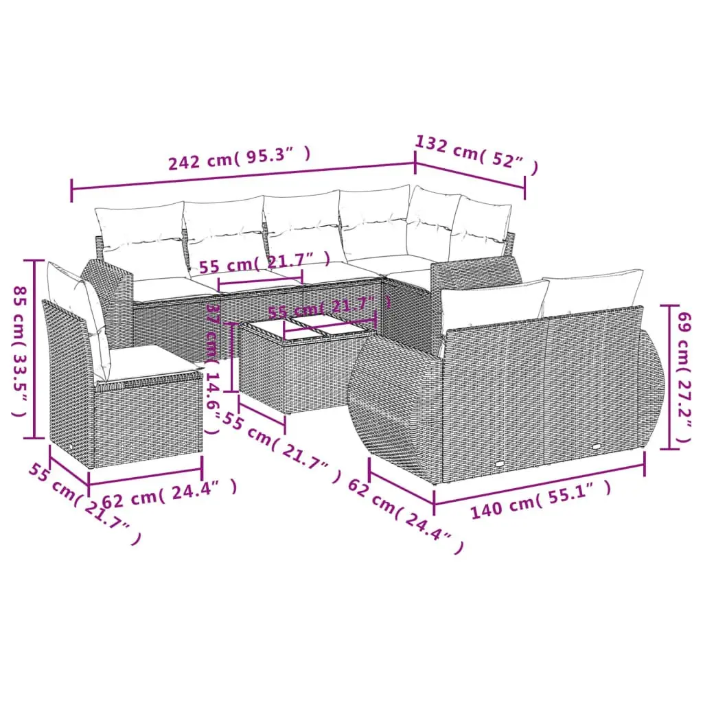 Garden Sofa Set 9 Piece Modular Grey Poly Rattan Outdoor Furniture with Tempered Glass Table and Thick Cushions