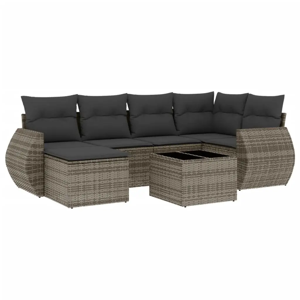 7 Piece Outdoor Sectional Sofa Set with Glass Table Grey Poly Rattan Garden