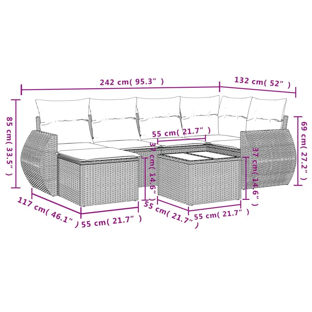7 Piece Outdoor Sectional Sofa Set with Glass Table Grey Poly Rattan Garden