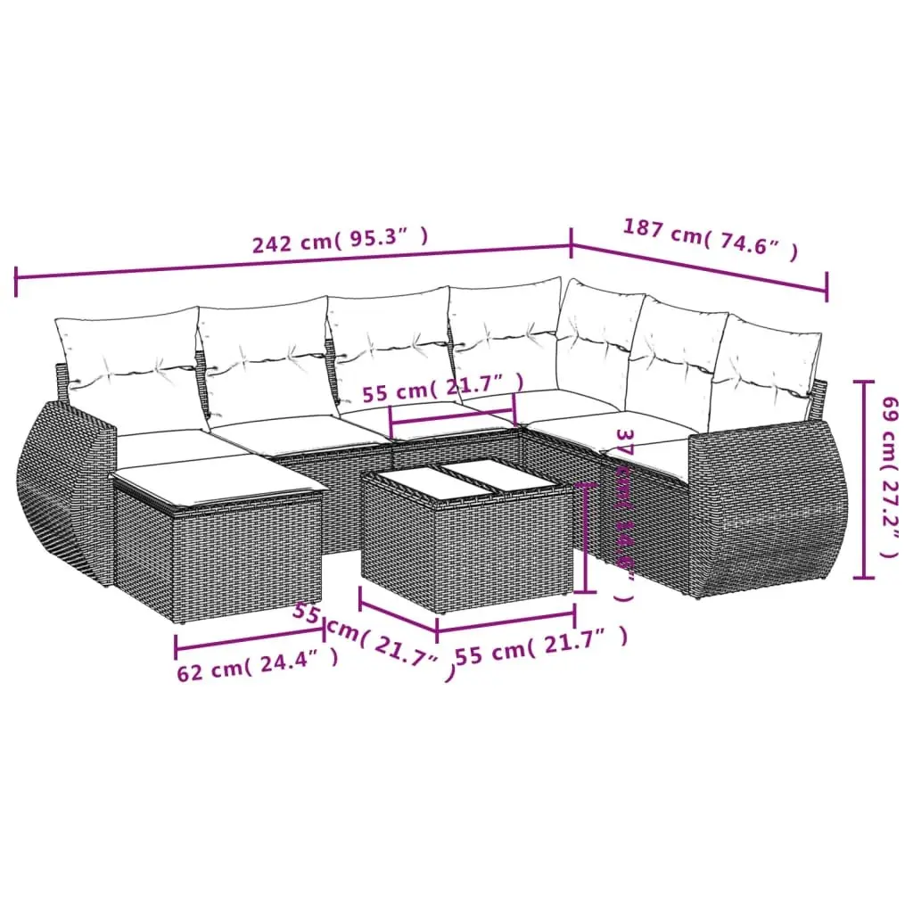 Outdoor Sectional Sofa Set 8 Piece Garden Furniture Grey Poly Rattan with