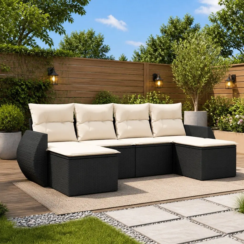 Outdoor Sectional Sofa Set 6 Piece Garden Furniture Black Poly Rattan with