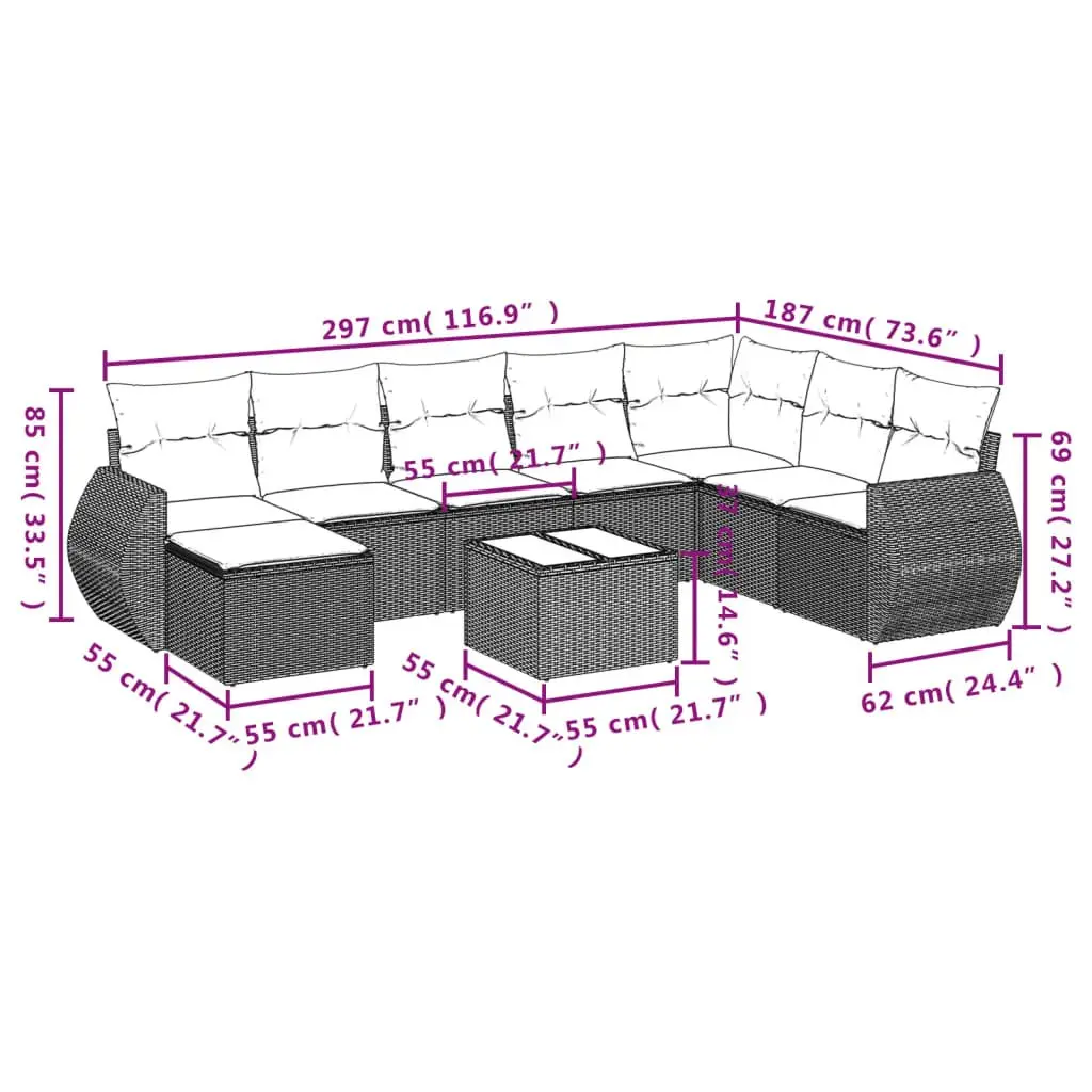 Outdoor Sectional Sofa Set 9 Piece Garden Furniture Black Poly Rattan with