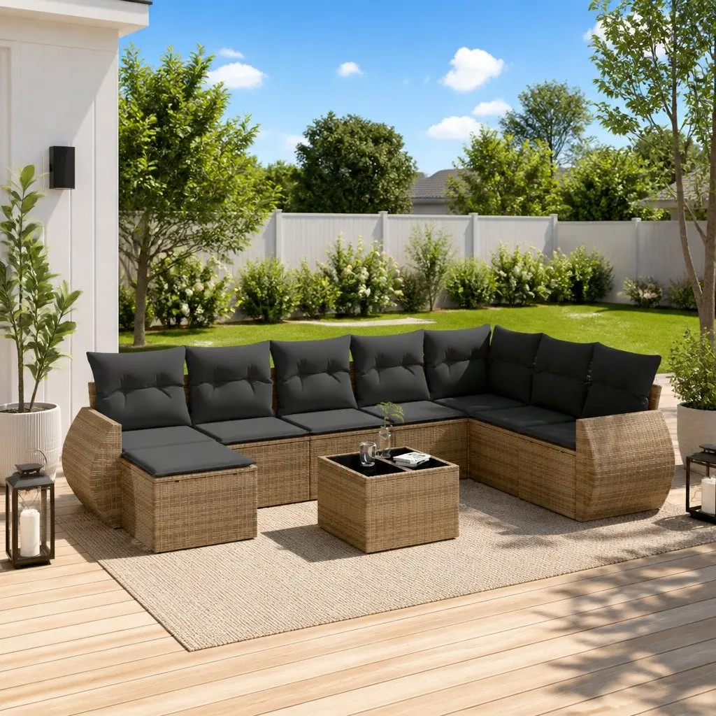 9 Piece Modular Outdoor Sofa Set Grey Weather Resistant Poly Rattan Patio Furniture
