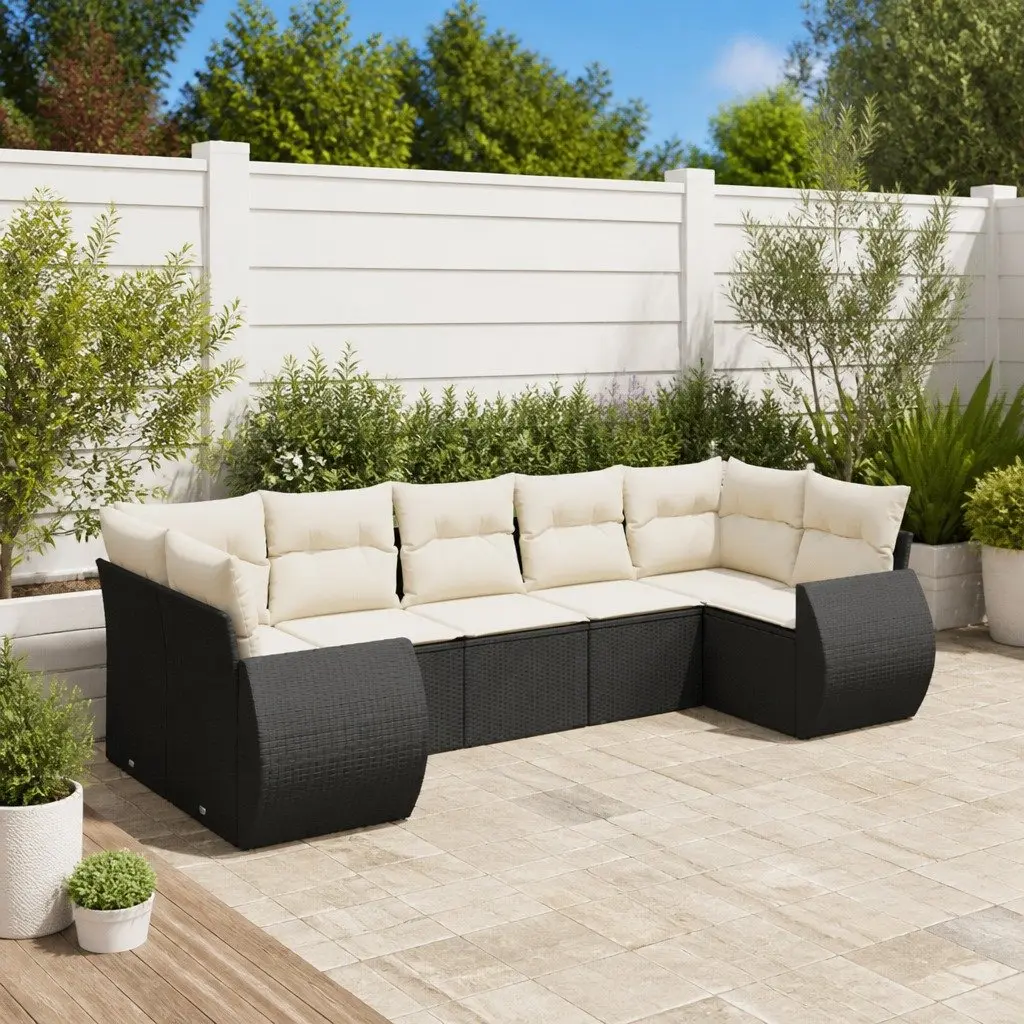 7 Piece Black Rattan Modular Outdoor Sectional Sofa Set with Cushions for Garden and Patio