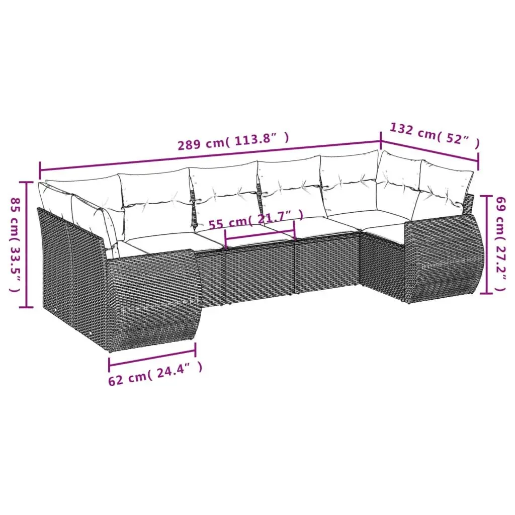 7 Piece Black Rattan Modular Outdoor Sectional Sofa Set with Cushions for Garden and Patio
