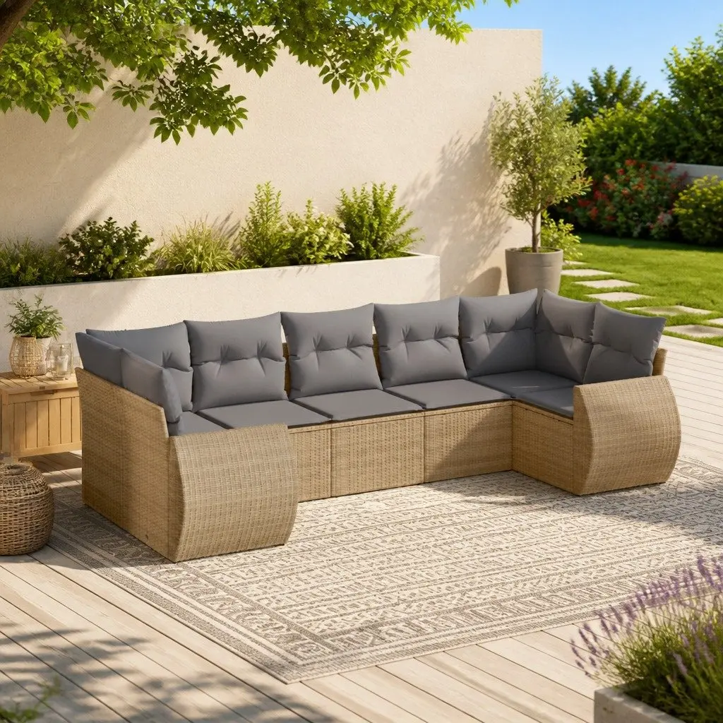 7 Piece Outdoor Garden Sofa Set with Cushions Beige Patio Sectional Seating