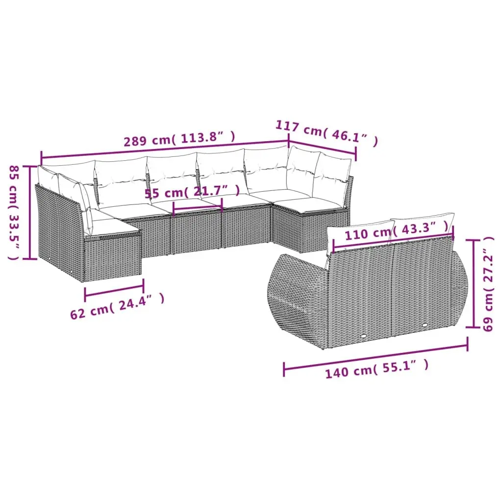 Outdoor Sectional Sofa Set 9 Piece Garden Furniture Black Patio Seating with