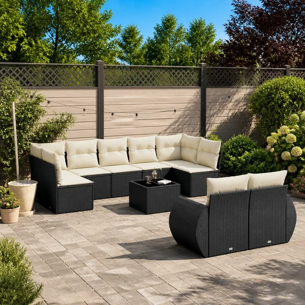 10 Piece Modular Black Poly Rattan Outdoor Sofa Set for Garden Furniture