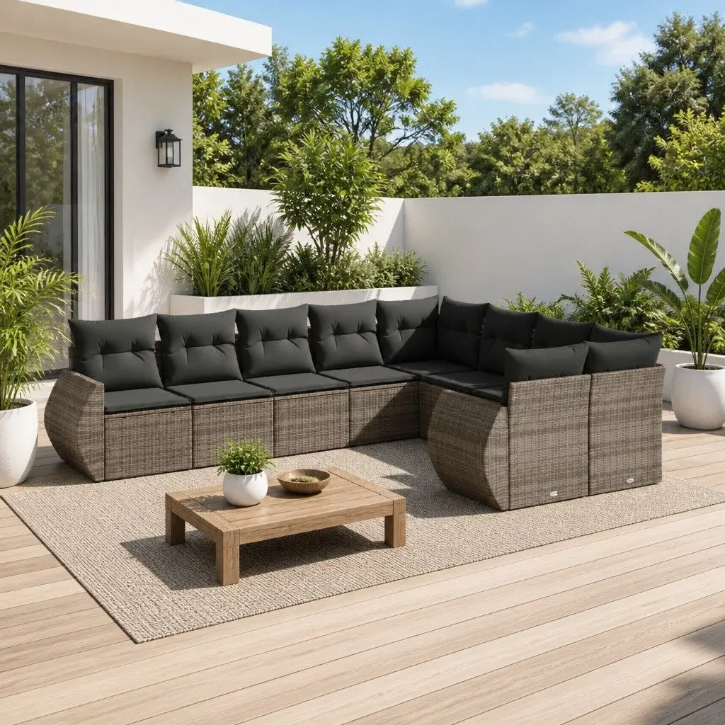 9 Piece Modular Outdoor Sofa Set Grey Rattan Garden Furniture with Cushions