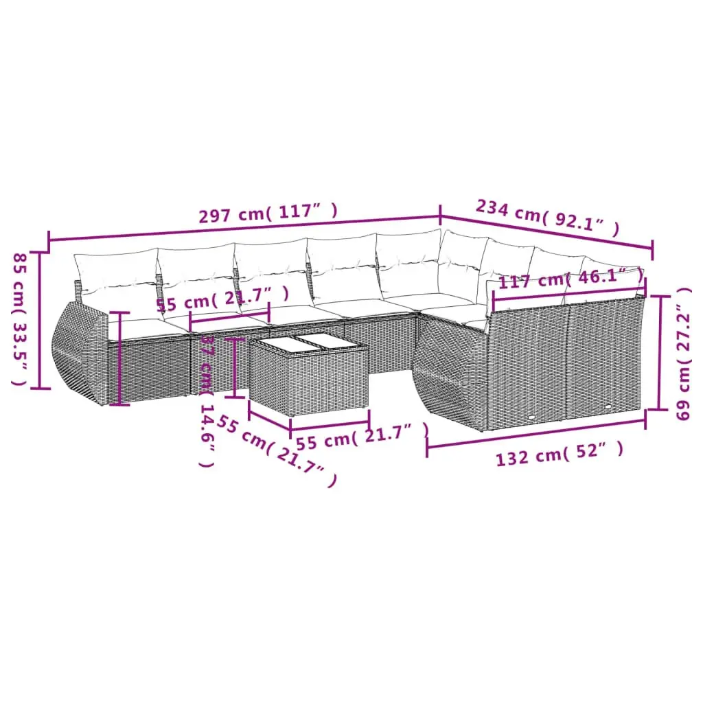 Outdoor Sectional Sofa Set 10 Piece Grey Poly Rattan Garden Furniture Patio