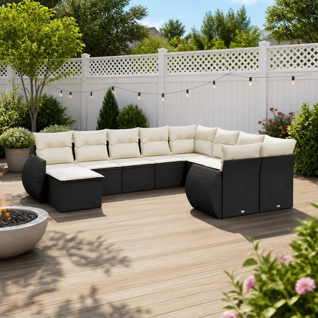 Outdoor Sectional Sofa Set 10 Piece Garden Furniture Black Poly Rattan with