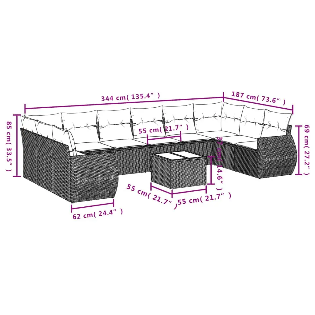 Outdoor Sectional Sofa Set 10 Piece Garden Furniture Patio Seating Black Modular