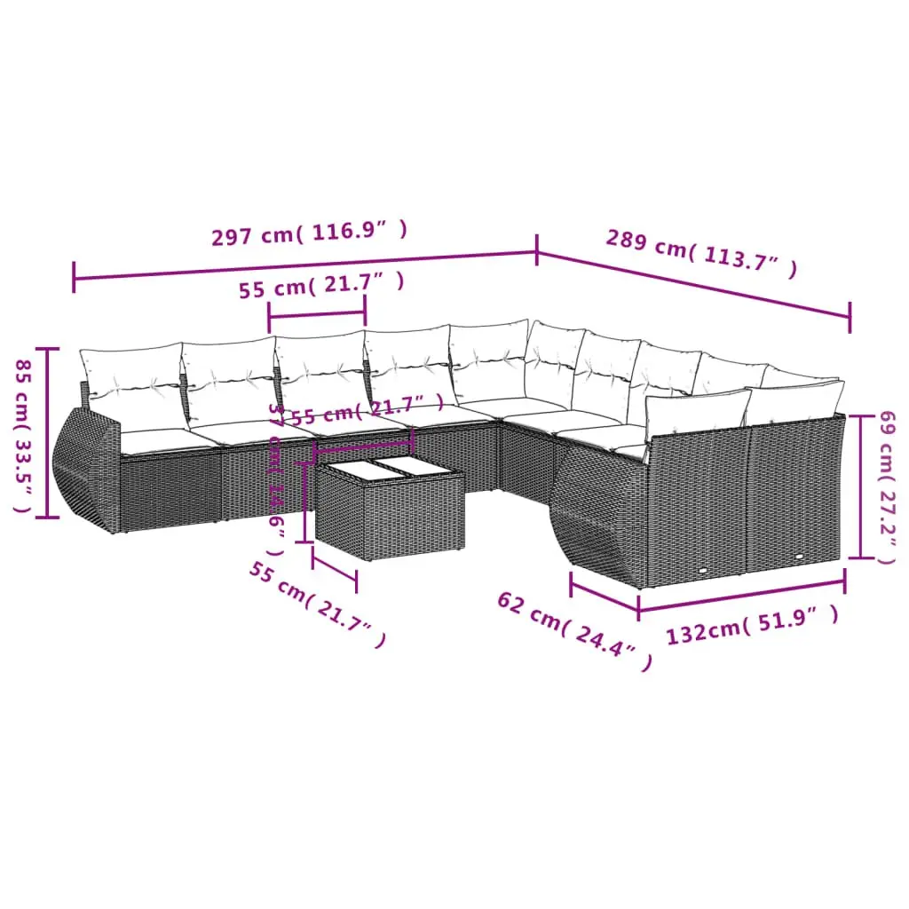 11 Piece Outdoor Garden Sofa Set Grey Modular Sectional with Cushions