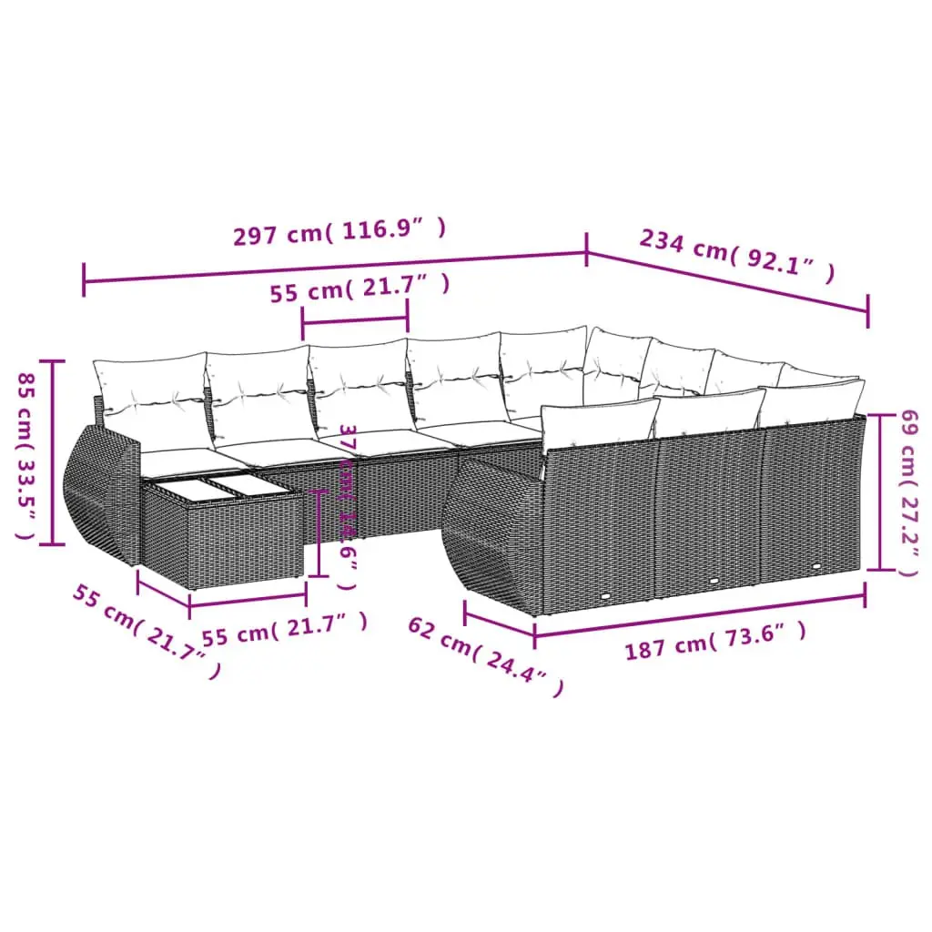 11 Piece Black Rattan Outdoor Sofa Set