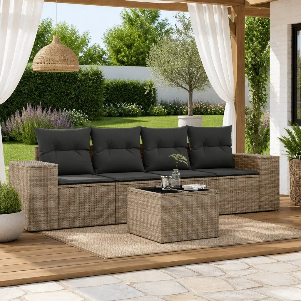 5 Piece Modular Grey Poly Rattan Sectional Outdoor Sofa Set with Cushions