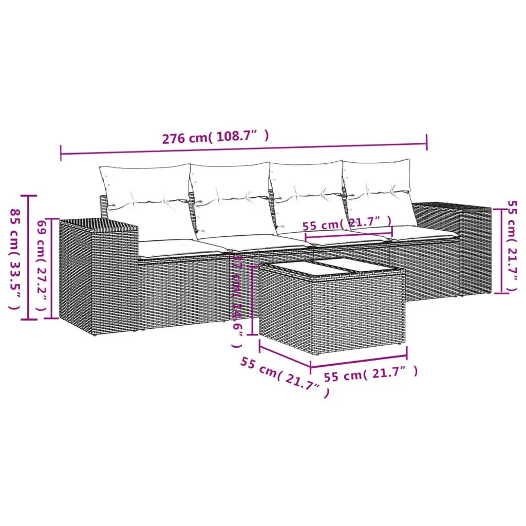 5 Piece Modular Grey Poly Rattan Sectional Outdoor Sofa Set with Cushions