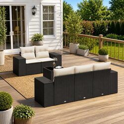Outdoor Sectional Sofa Set 6 Piece Black Poly Rattan Garden Furniture with