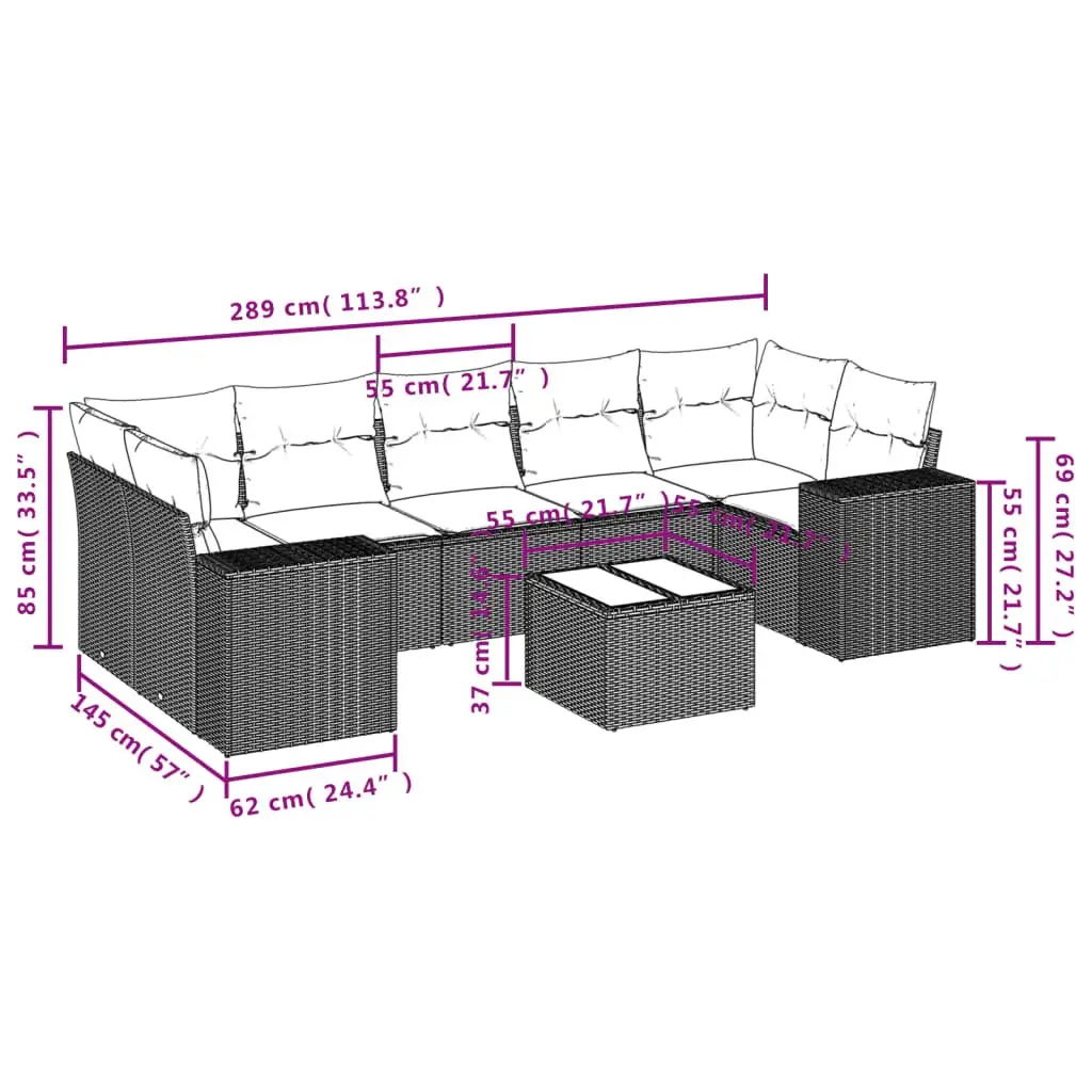 Outdoor Sectional Sofa Set 8 Piece Black Poly Rattan Garden Furniture with