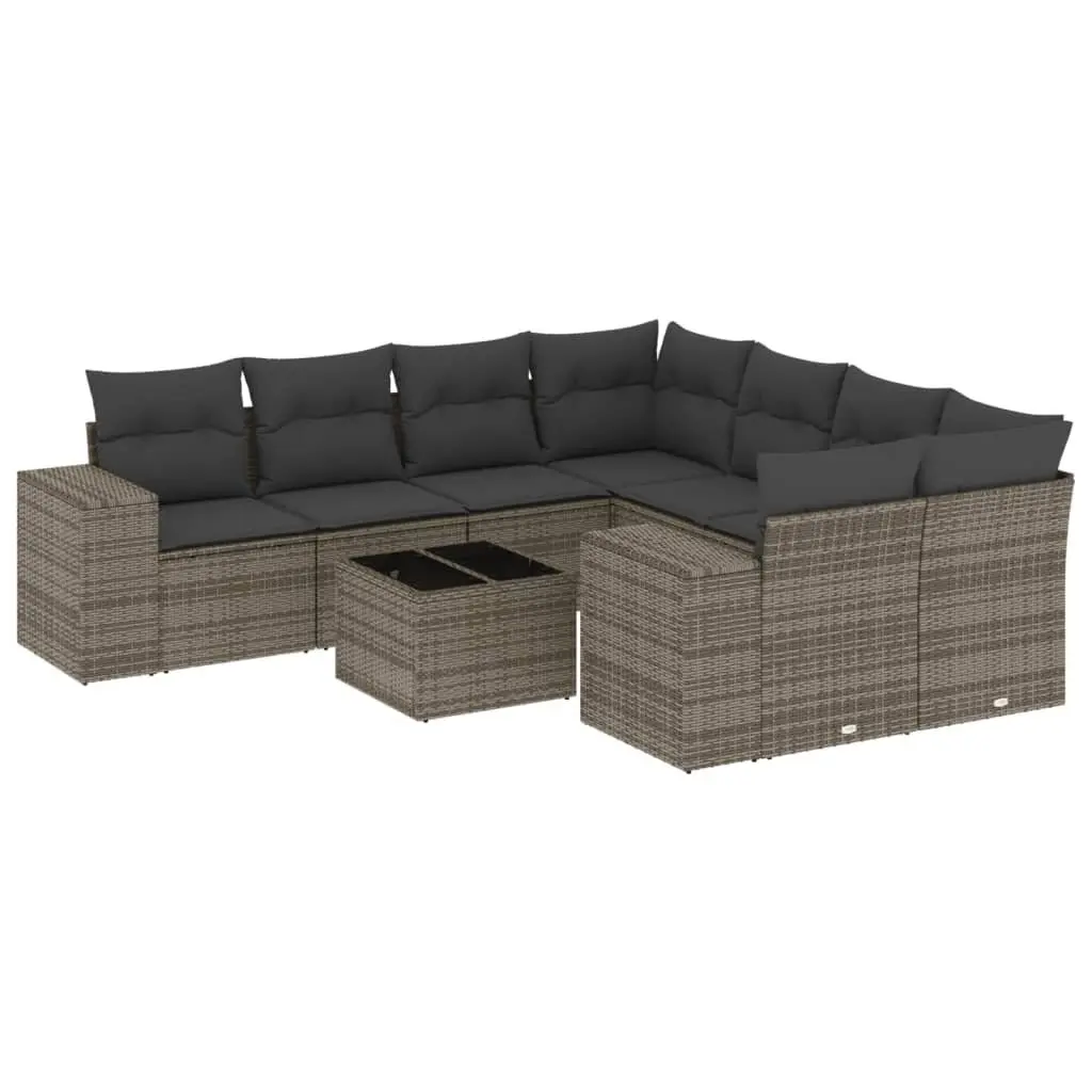 9 Piece Grey Poly Rattan Modular Outdoor Garden Sofa Set with Cushions and Tempered Glass Table