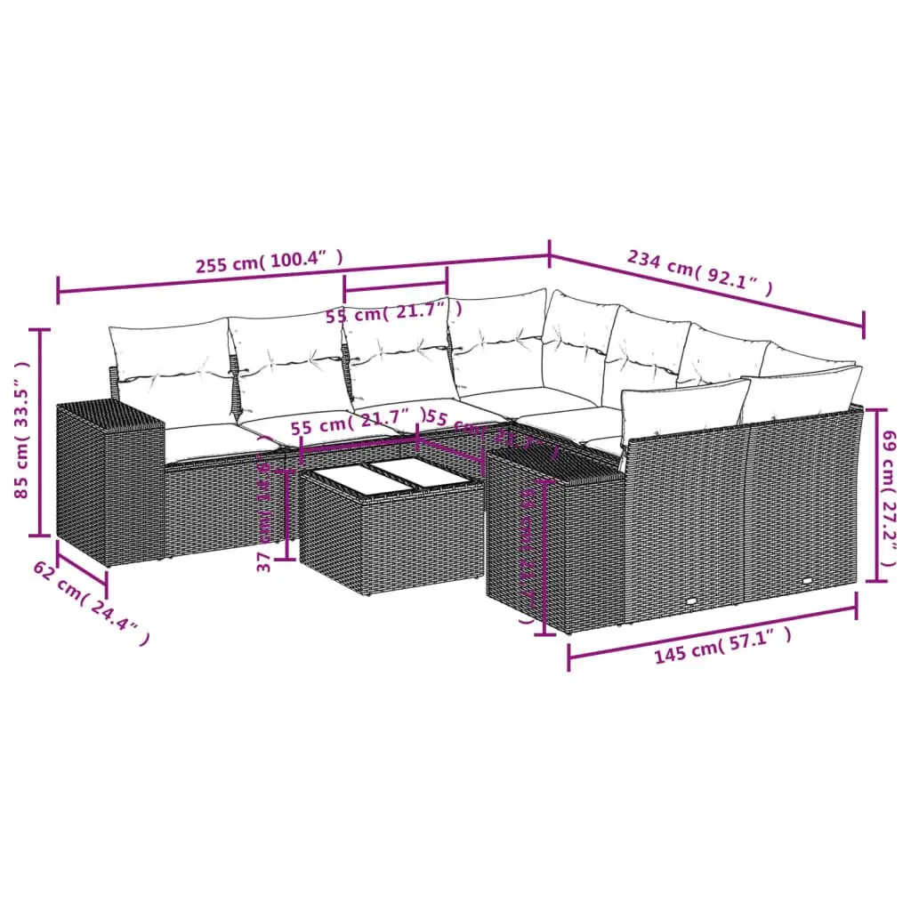 9 Piece Grey Poly Rattan Modular Outdoor Garden Sofa Set with Cushions and Tempered Glass Table
