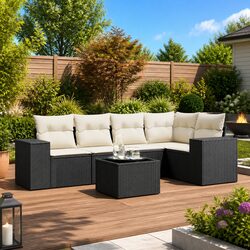 Outdoor Garden Sofa Set 6 Piece Sectional with Cushions Black Poly Rattan