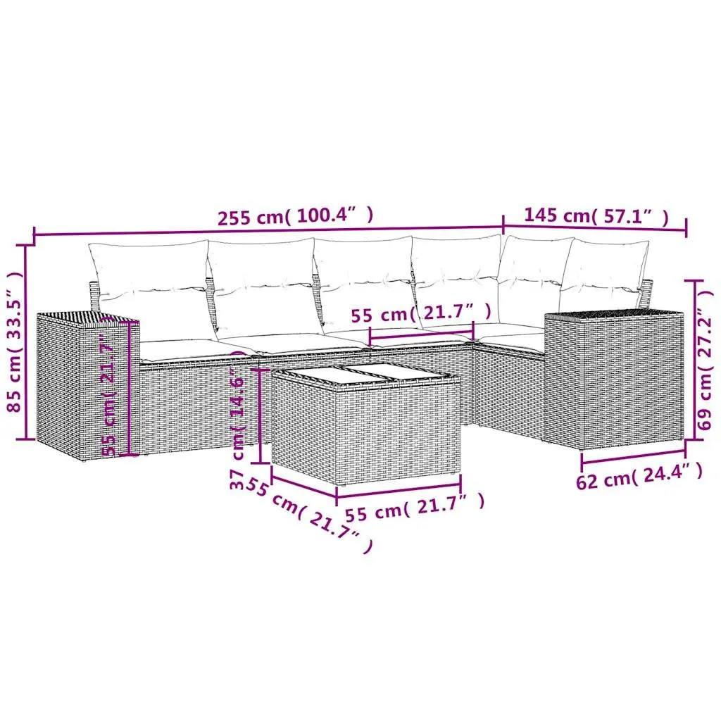 Outdoor Sectional Sofa Set 6 Piece Garden Furniture Grey Poly Rattan with