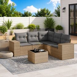 Outdoor Garden Sofa Set 6 Piece Poly Rattan Patio Furniture Beige Cushions