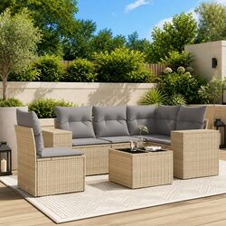 6 Piece Garden Sofa Set Outdoor Furniture Beige Poly Rattan with Cushions Patio