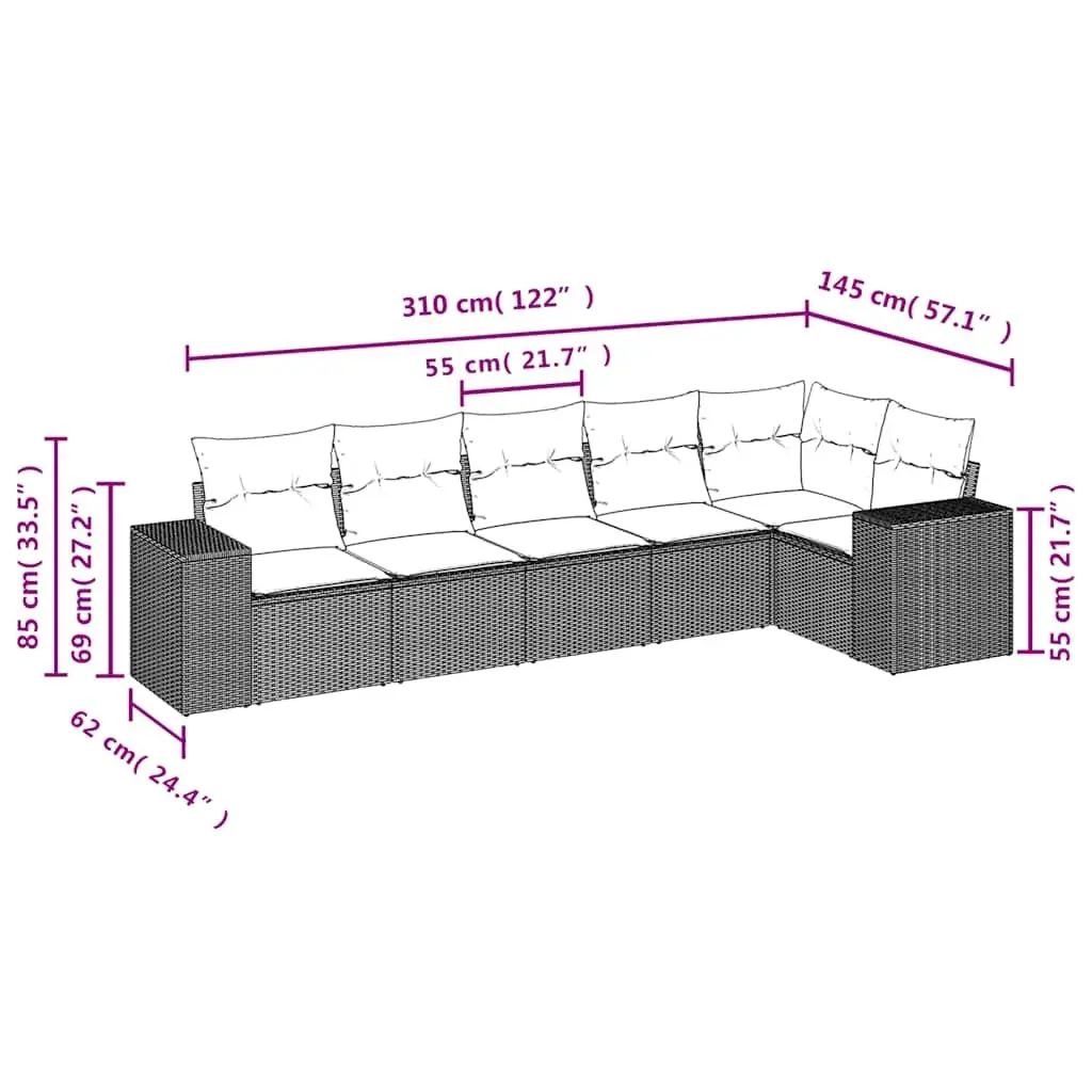 Garden Sofa Set 6 Piece Outdoor Furniture Patio Black Poly Rattan with Cushions
