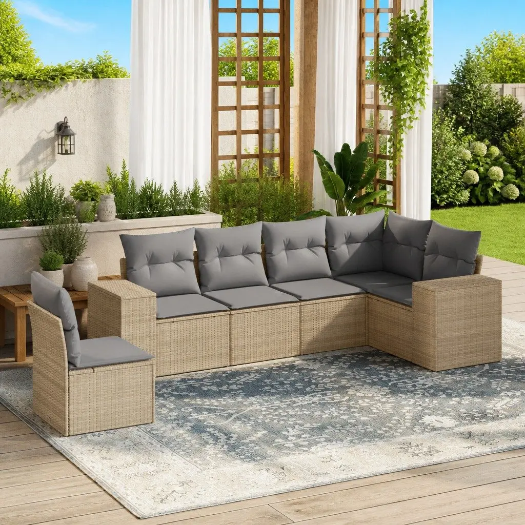 Modular Outdoor Patio Sofa Set 6 Piece Durable PE Rattan Beige Cushions