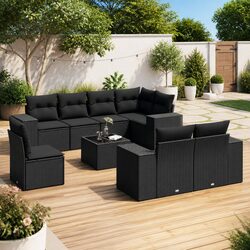 Garden Sofa Set 9 Piece Outdoor Furniture with Cushions Black Poly Rattan Patio