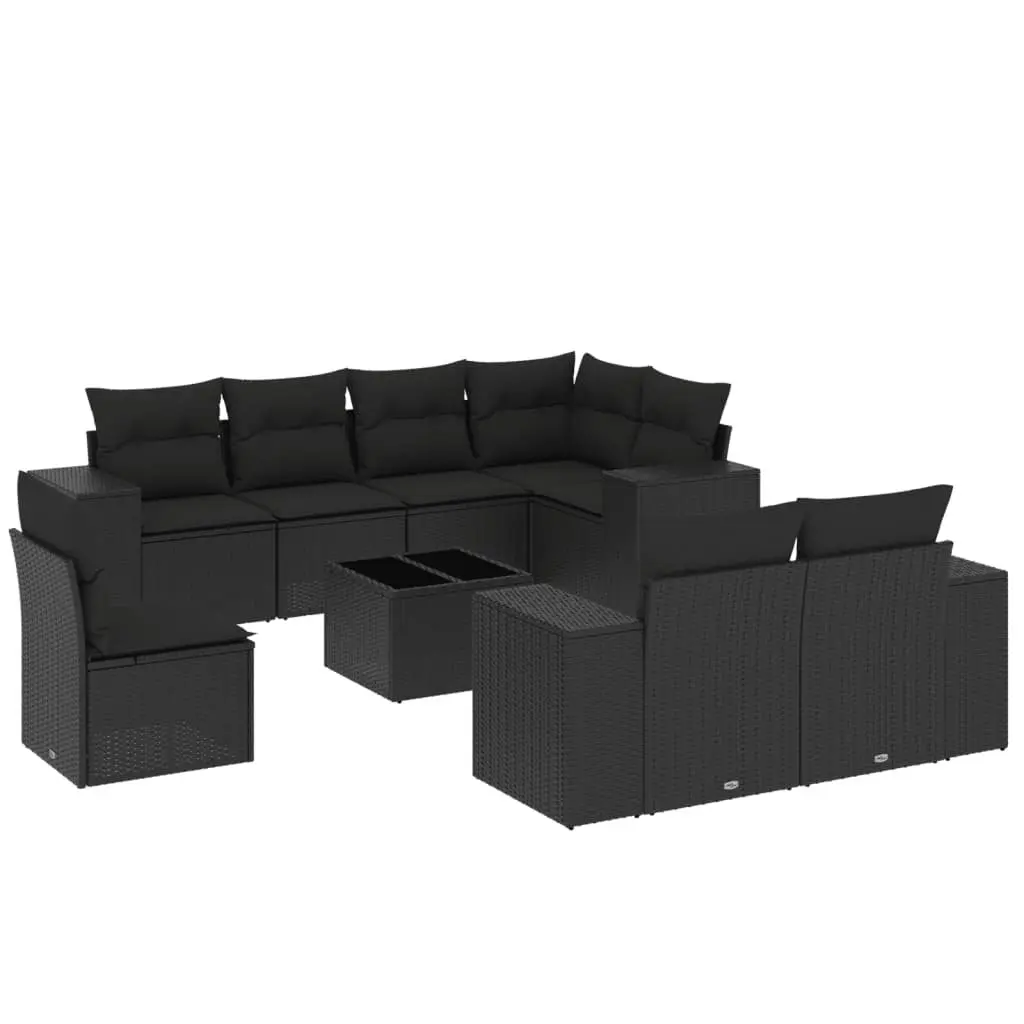 Garden Sofa Set 9 Piece Outdoor Furniture with Cushions Black Poly Rattan Patio