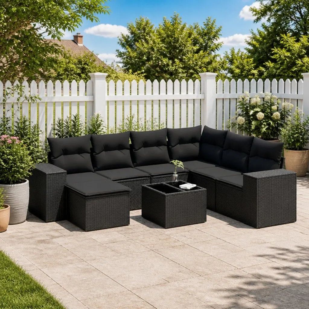 Outdoor Garden Sofa Set 8 Piece Modular Black Poly Rattan Patio Seating with Thick Cushions and Tempered Glass Table