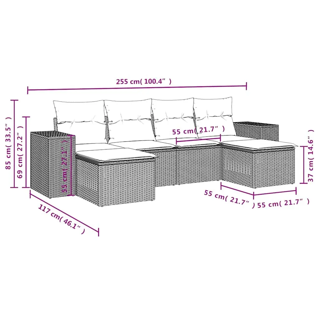 Garden Sofa Set 6 Piece Outdoor Furniture Black Poly Rattan Patio Lounge with