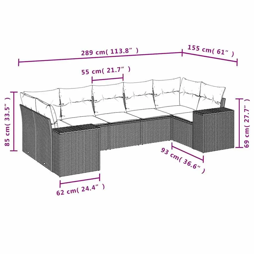 7 Piece Garden Sofa Set Black PE Rattan Outdoor Furniture with Cushions