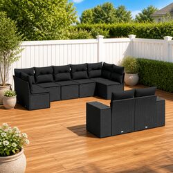 Outdoor Garden Sofa Set 9 Piece Black Poly Rattan Modular Patio Furniture with