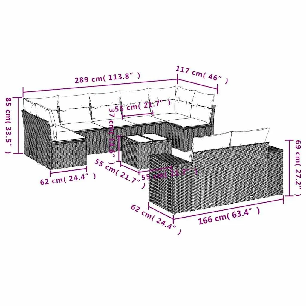 Outdoor Patio Sofa Set 10 Piece Black Garden Furniture Rattan Cushions Modular