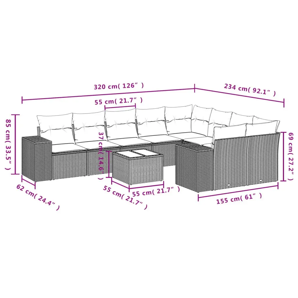 Garden Sofa Set 10 Piece Outdoor Furniture Grey Poly Rattan Patio Seating