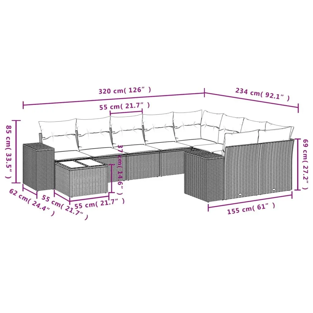 Garden Sofa Set 10 Piece Outdoor Furniture Black Poly Rattan Modular Patio