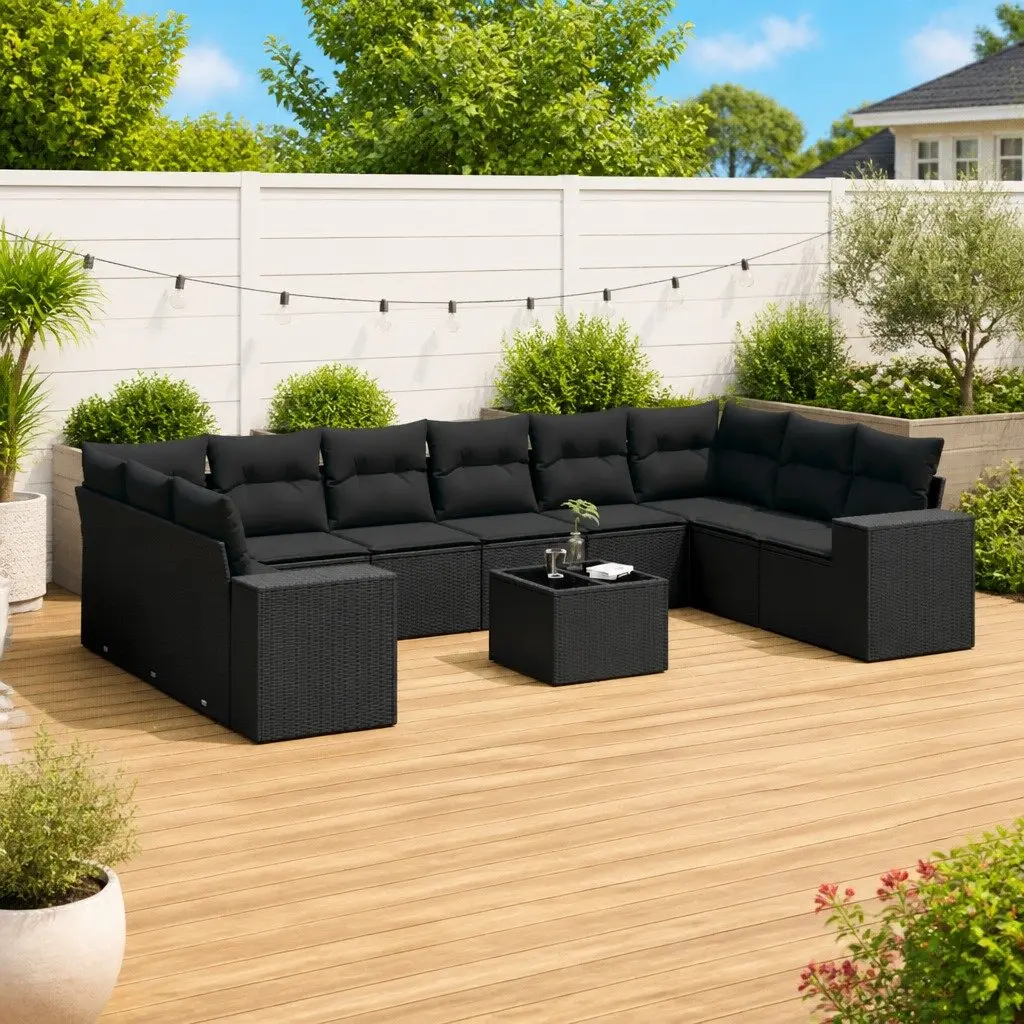 11 Piece Garden Sofa Set Outdoor Patio Furniture Black Rattan with Cushions