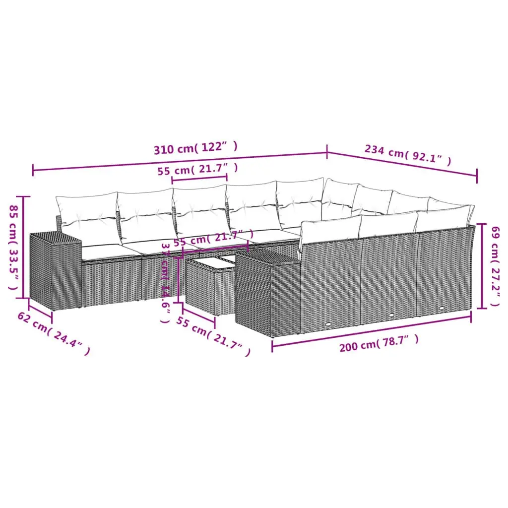 Garden Sofa Set 11 Piece Outdoor Furniture Grey Poly Rattan Patio Lounge with