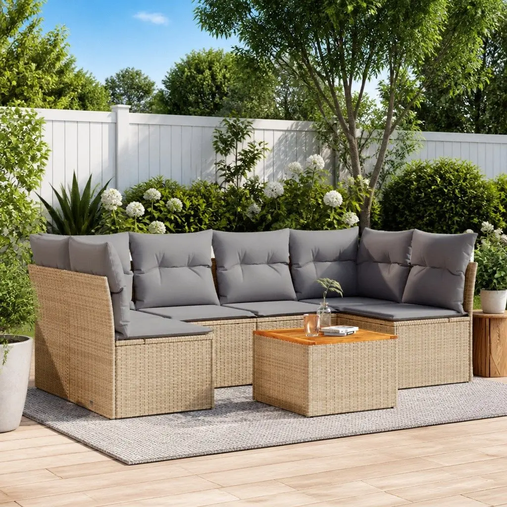 7PieceBeigePolyRattanOutdoorGardenSofaSetModularDesignWithCushions