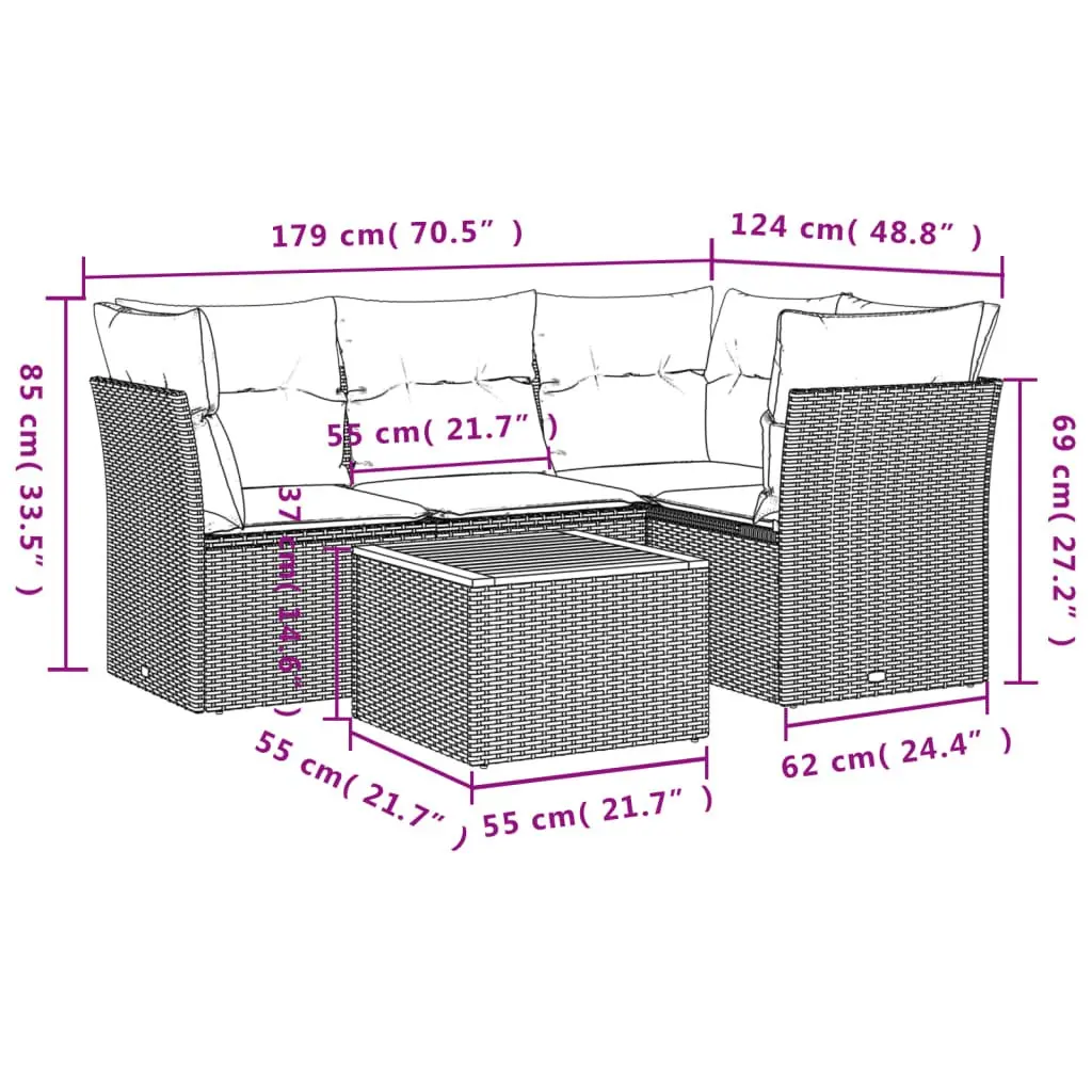 5 Piece Outdoor Garden Sofa Set with Cushions Beige Poly Rattan Patio Furniture