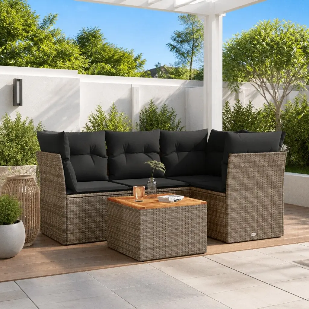 Modular Outdoor 5 Piece Sofa Set Grey Poly Rattan with Thick Cushions and Acacia Wood Table Top