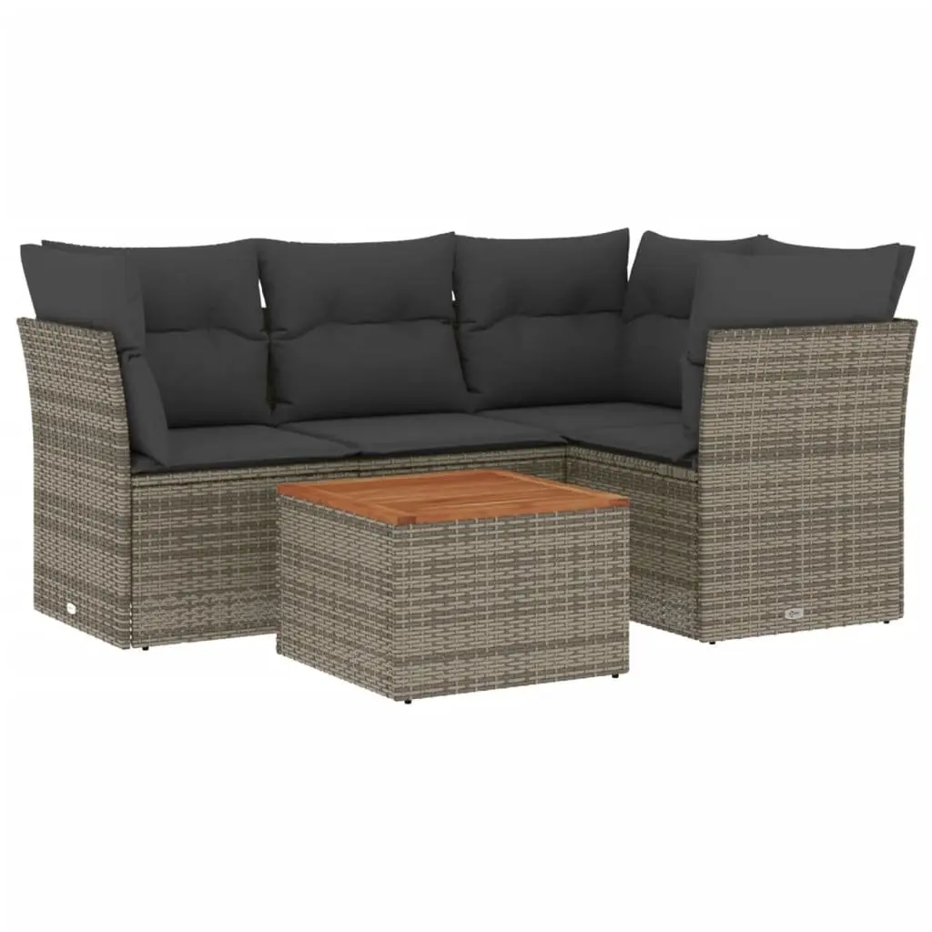 Modular Outdoor 5 Piece Sofa Set Grey Poly Rattan with Thick Cushions and Acacia Wood Table Top