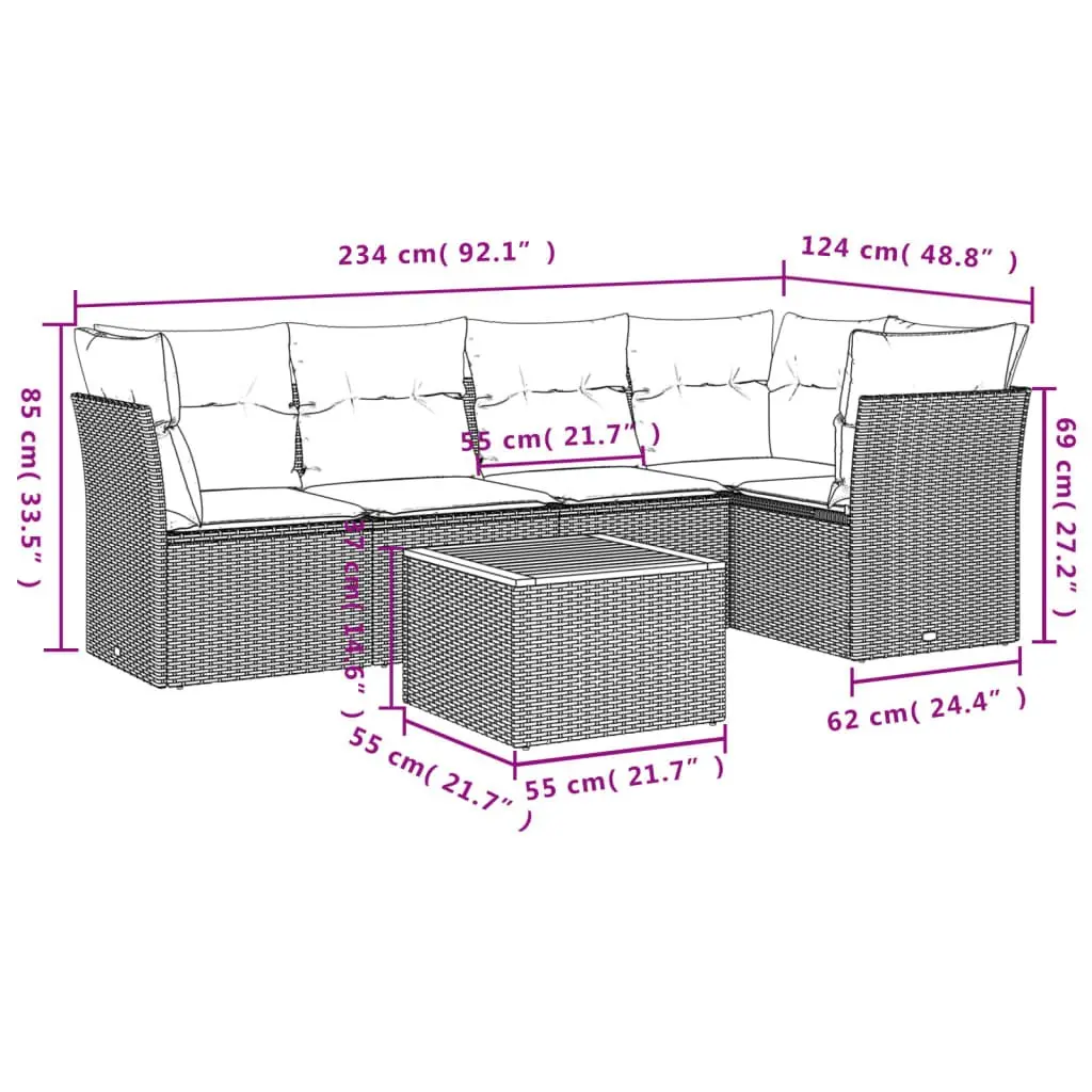 Garden Sofa Set 6 Piece Outdoor Patio Furniture with Cushions Grey Rattan