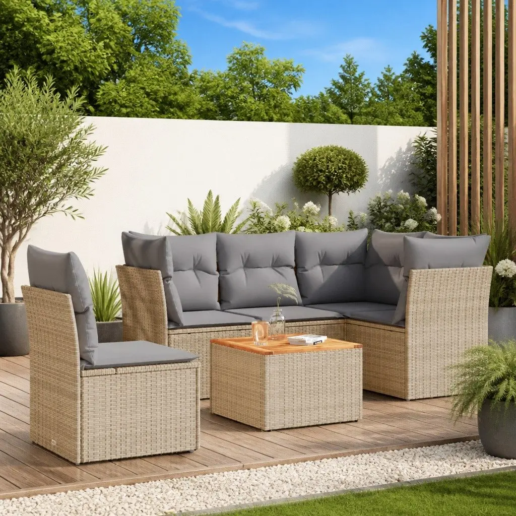 Outdoor Garden Sofa Set 6 Piece Patio Furniture with Cushions Beige Rattan