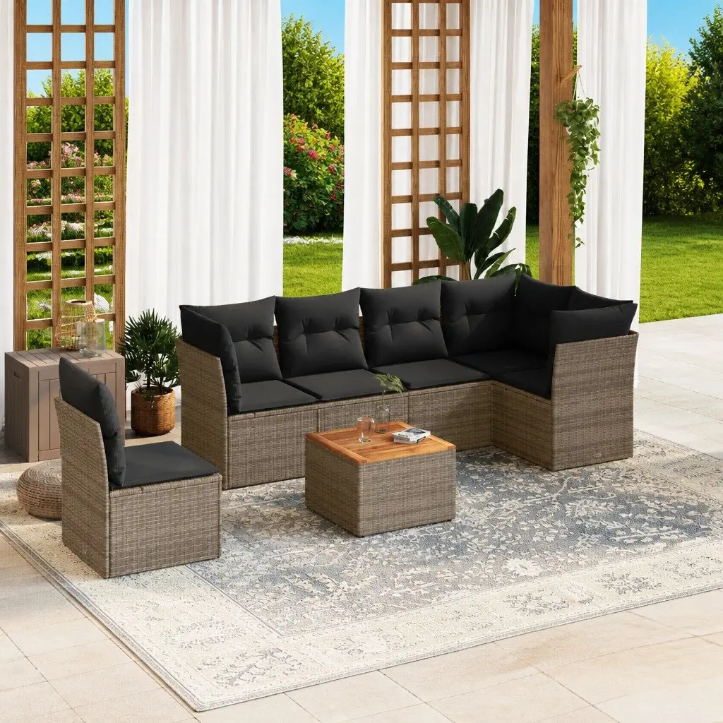 Garden Sofa Set Grey PE Rattan 7 Piece Outdoor Furniture with Cushions