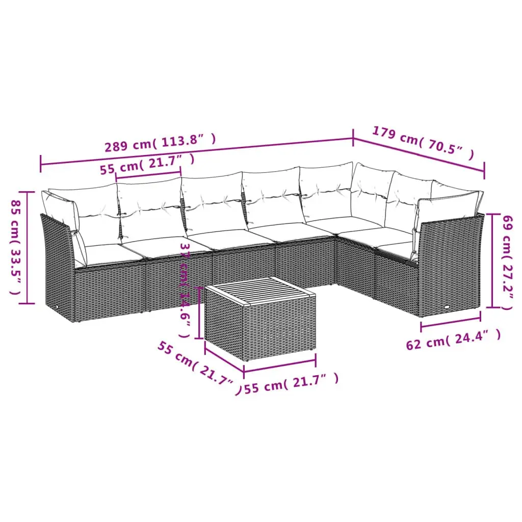 Outdoor Garden Sofa Set 8 Piece Modular Furniture Grey Poly Rattan with Cushions